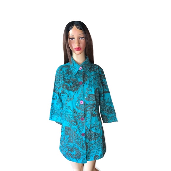 Gandy Couture Peacock /Floral Print Button-Down Shirt, Size S - Picture 15 of 16